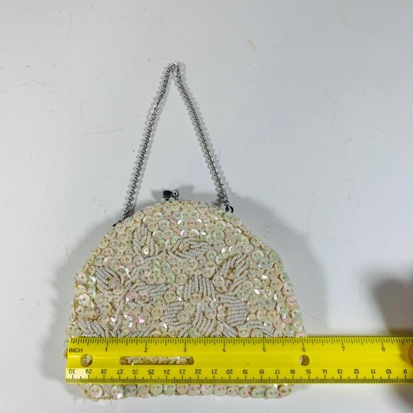 Flapper Beaded Sequined Evening Bag Kiss Clasp VTG Purse Silver Chain Strap - Picture 9 of 12